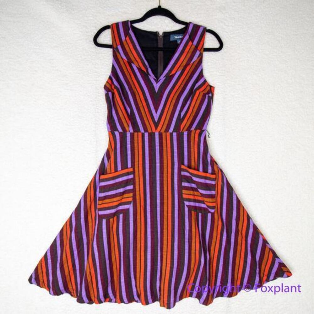 Modcloth Linen Blend Retro Striped Midi Dress Sleeveless Purple Orang, size S - Picture 3 of 15